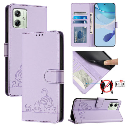 Motorola Moto G54 Brazil Version Leather Phone Case with Cat and Rat Embossed Pattern, RFID Protection, Card Holder Slots, Anti-fall Feature & Lanyard