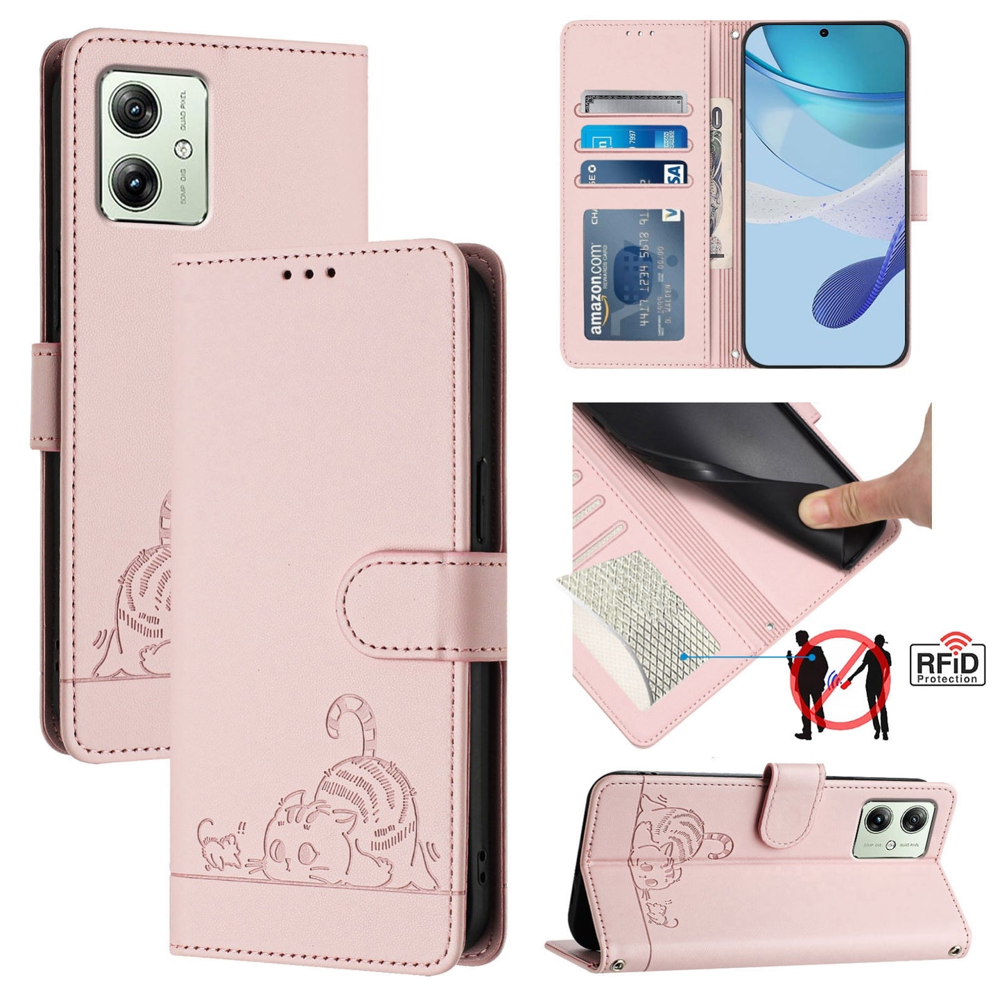 Motorola Moto G54 5G EU Version Leather Phone Case with Cat and Rat Embossed Pattern, RFID Protection, Card Holder Slots, Anti-fall Feature & Lanyard