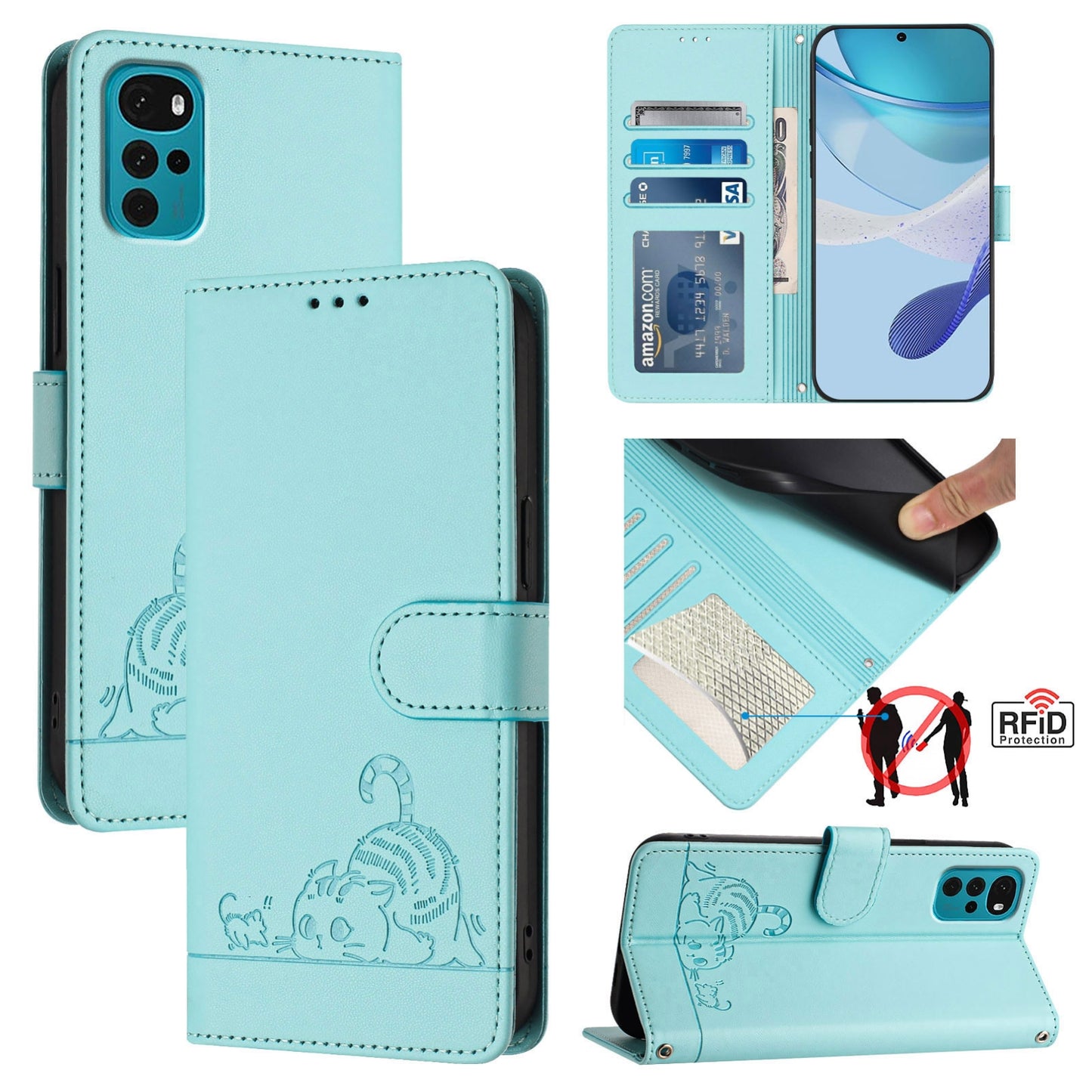Motorola Moto E32s Leather Phone Case with Cat and Rat Embossed Pattern, RFID Protection, Card Holder Slots, Anti-fall Feature & Lanyard