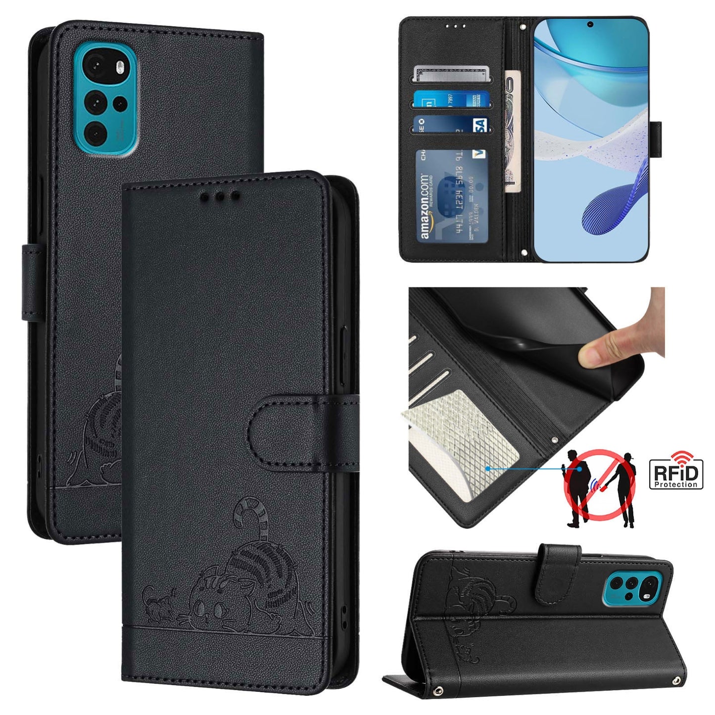 Motorola Moto G22 4G Leather Phone Case with Cat and Rat Embossed Pattern, RFID Protection, Card Holder Slots, Anti-fall Feature & Lanyard