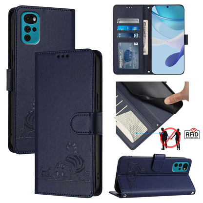 Motorola Moto E32s Leather Phone Case with Cat and Rat Embossed Pattern, RFID Protection, Card Holder Slots, Anti-fall Feature & Lanyard