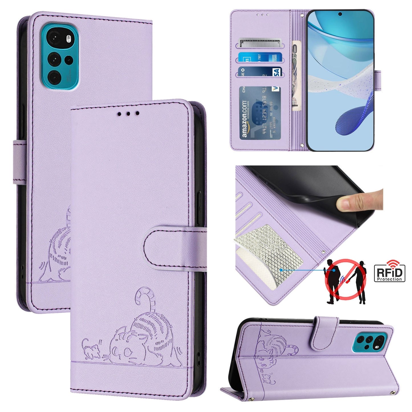 Motorola Moto E32s Leather Phone Case with Cat and Rat Embossed Pattern, RFID Protection, Card Holder Slots, Anti-fall Feature & Lanyard