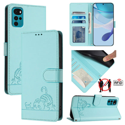 Motorola Moto E32 4G India Leather Phone Case with Cat and Rat Embossed Pattern, RFID Protection, Card Holder Slots, Anti-fall Feature & Lanyard