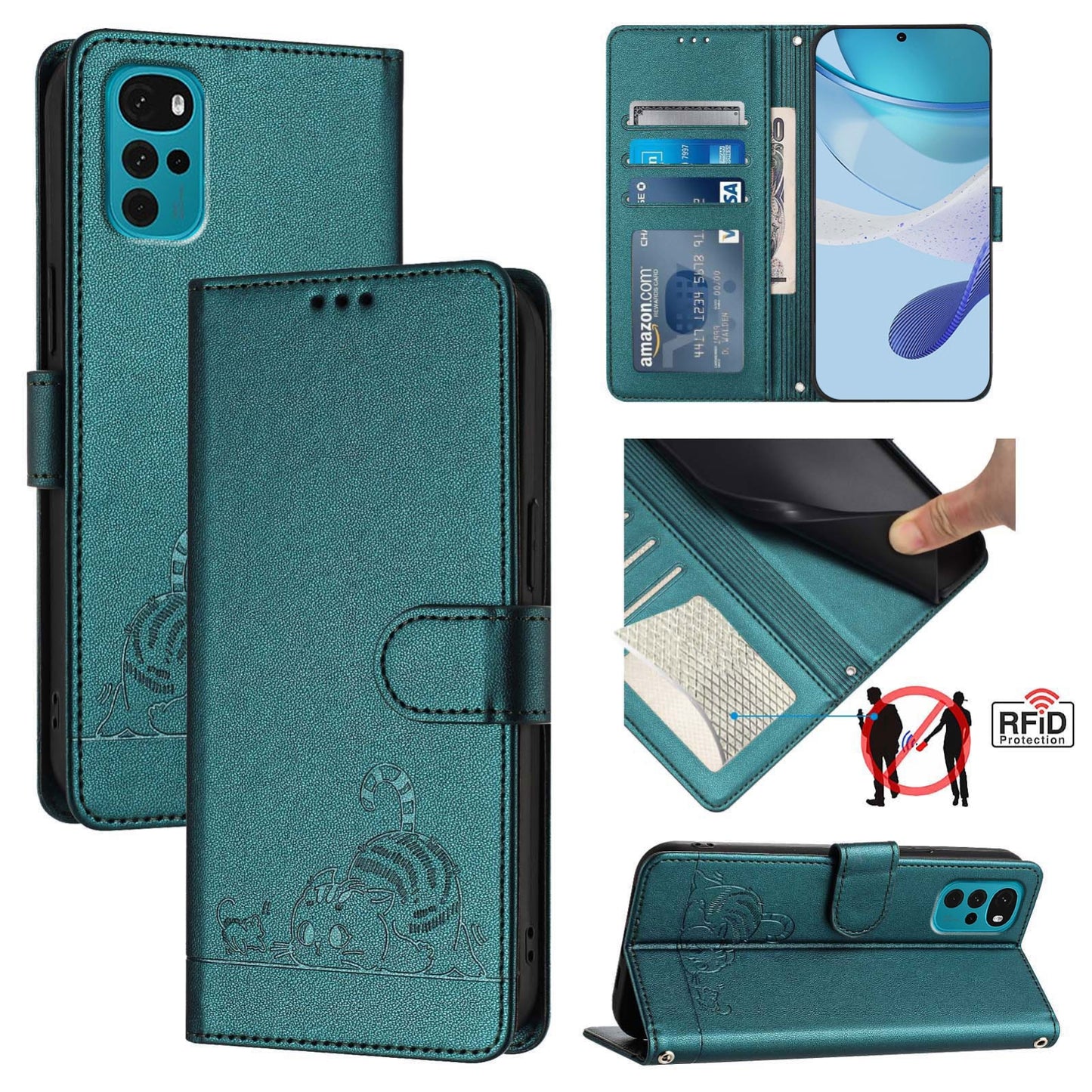 Motorola Moto E32 4G India Leather Phone Case with Cat and Rat Embossed Pattern, RFID Protection, Card Holder Slots, Anti-fall Feature & Lanyard