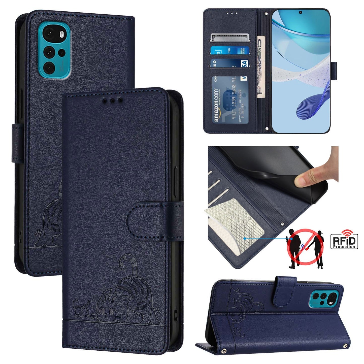 Motorola Moto E22s 4G Global Leather Phone Case with Cat and Rat Embossed Pattern, RFID Protection, Card Holder Slots, Anti-fall Feature & Lanyard
