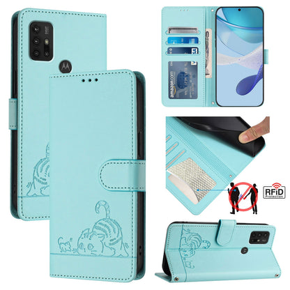 Motorola Moto G30 Leather Phone Case with Cat and Rat Embossed Pattern, RFID Protection, Card Holder Slots, Anti-fall Feature & Lanyard