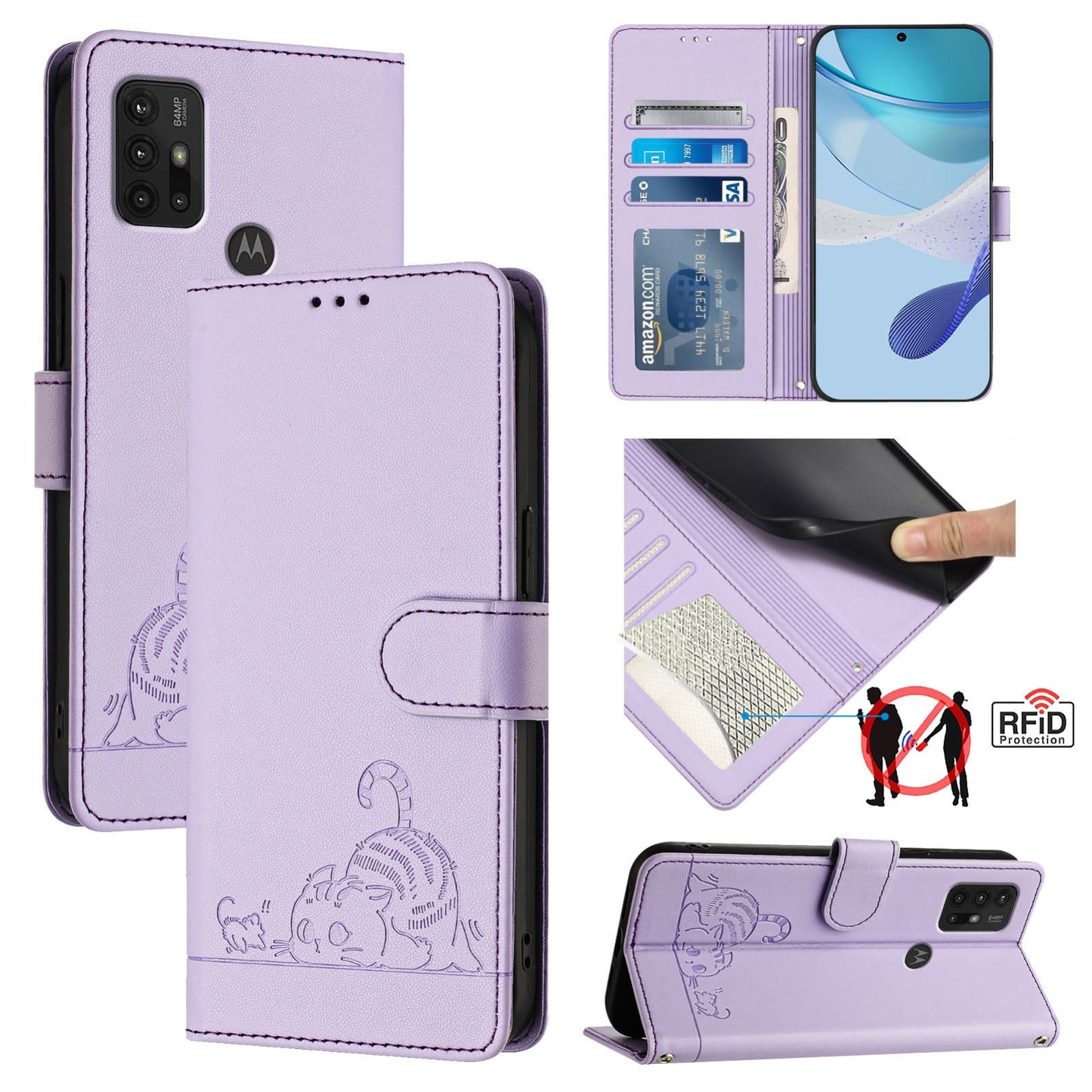 Motorola Moto G30 Leather Phone Case with Cat and Rat Embossed Pattern, RFID Protection, Card Holder Slots, Anti-fall Feature & Lanyard
