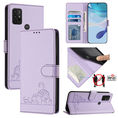 Motorola Moto G30 Leather Phone Case with Cat and Rat Embossed Pattern, RFID Protection, Card Holder Slots, Anti-fall Feature & Lanyard