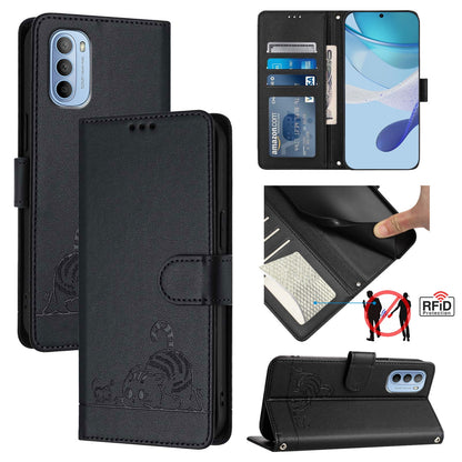 Motorola Moto G41 4G Leather Phone Case with Cat and Rat Embossed Pattern, RFID Protection, Card Holder Slots, Anti-fall Feature & Lanyard