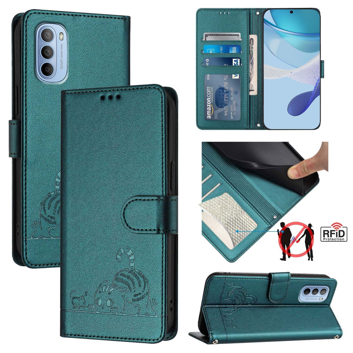 Motorola Moto G31 4G Global Leather Phone Case with Cat and Rat Embossed Pattern, RFID Protection, Card Holder Slots, Anti-fall Feature & Lanyard