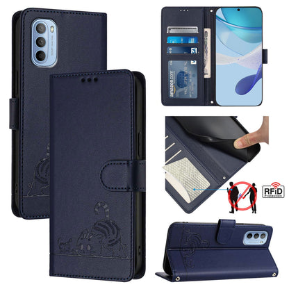 Motorola Moto G41 4G Leather Phone Case with Cat and Rat Embossed Pattern, RFID Protection, Card Holder Slots, Anti-fall Feature & Lanyard