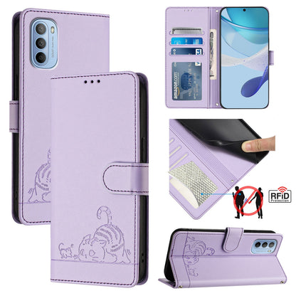 Motorola Moto G31 4G Global Leather Phone Case with Cat and Rat Embossed Pattern, RFID Protection, Card Holder Slots, Anti-fall Feature & Lanyard