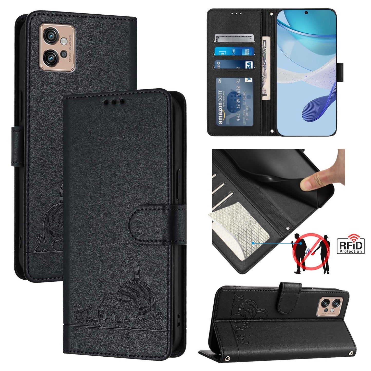 Motorola Moto G32 Leather Phone Case with Cat and Rat Embossed Pattern, RFID Protection, Card Holder Slots, Anti-fall Feature & Lanyard