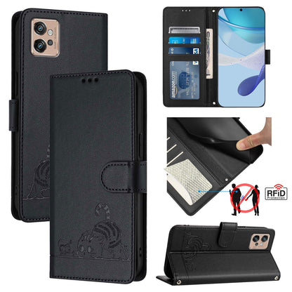 Motorola Moto G32 Leather Phone Case with Cat and Rat Embossed Pattern, RFID Protection, Card Holder Slots, Anti-fall Feature & Lanyard
