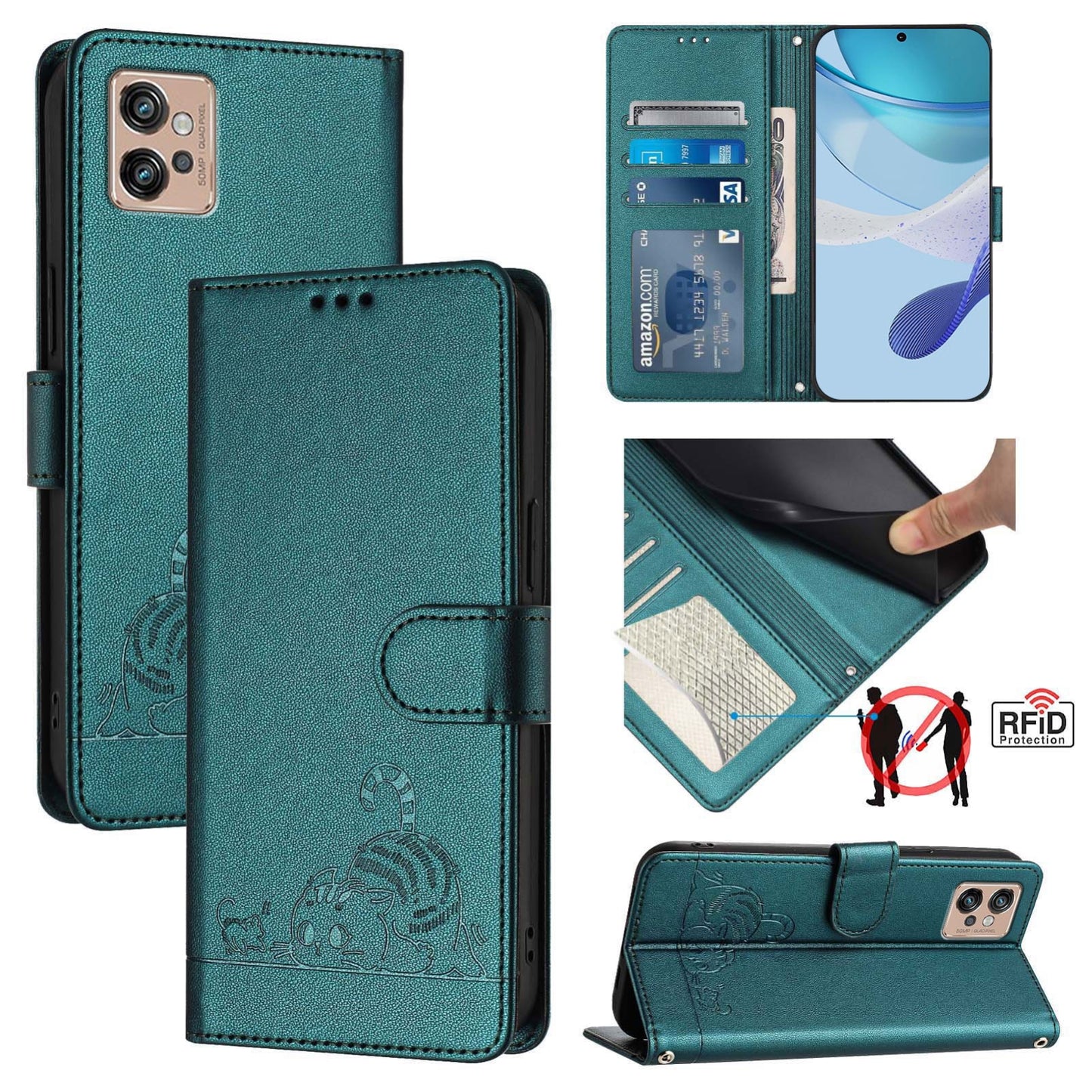 Motorola Moto G32 Leather Phone Case with Cat and Rat Embossed Pattern, RFID Protection, Card Holder Slots, Anti-fall Feature & Lanyard