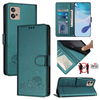 Motorola Moto G32 Leather Phone Case with Cat and Rat Embossed Pattern, RFID Protection, Card Holder Slots, Anti-fall Feature & Lanyard
