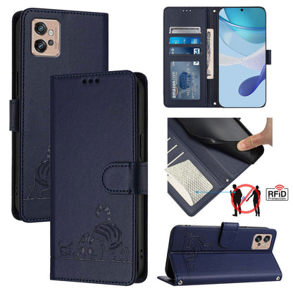 Motorola Moto G32 Leather Phone Case with Cat and Rat Embossed Pattern, RFID Protection, Card Holder Slots, Anti-fall Feature & Lanyard
