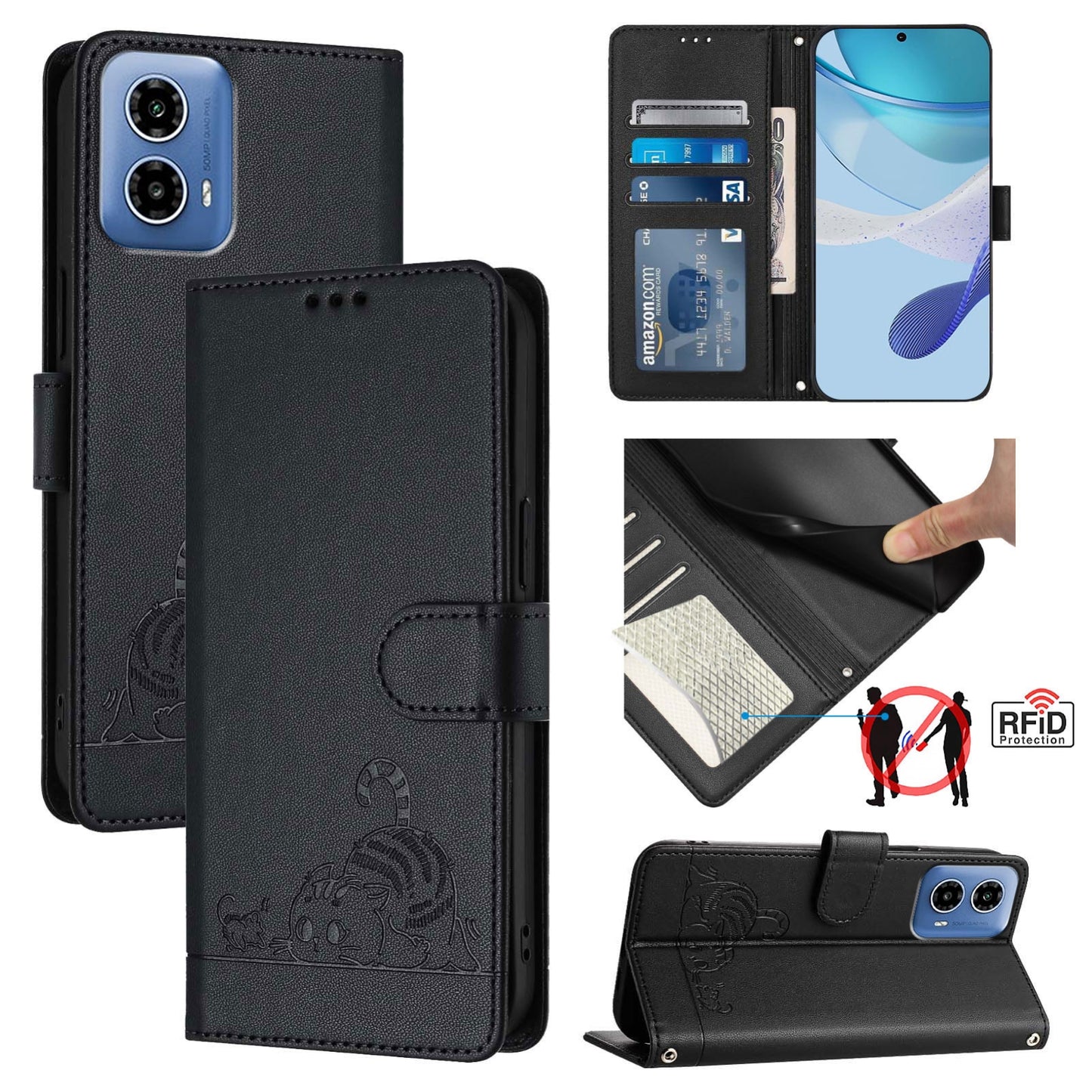 Motorola Moto G34 Global Leather Phone Case with Cat and Rat Embossed Pattern, RFID Protection, Card Holder Slots, Anti-fall Feature & Lanyard