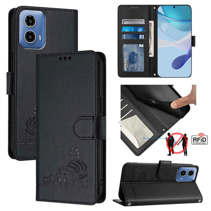 Motorola Moto G34 Global Leather Phone Case with Cat and Rat Embossed Pattern, RFID Protection, Card Holder Slots, Anti-fall Feature & Lanyard