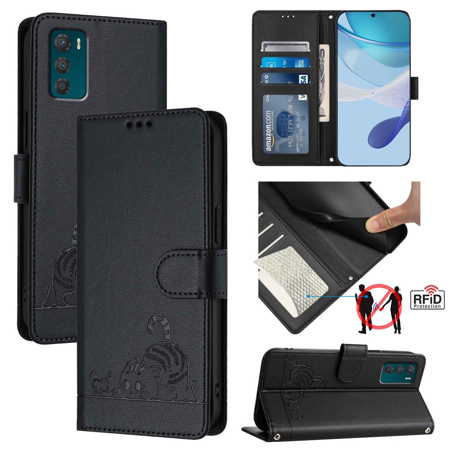 Motorola Moto G42 Leather Phone Case with Cat and Rat Embossed Pattern, RFID Protection, Card Holder Slots, Anti-fall Feature & Lanyard