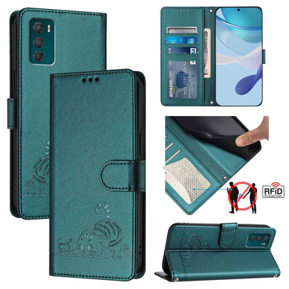Motorola Moto G42 Leather Phone Case with Cat and Rat Embossed Pattern, RFID Protection, Card Holder Slots, Anti-fall Feature & Lanyard