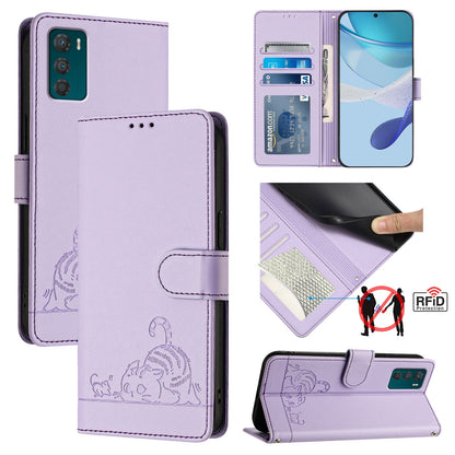 Motorola Moto G42 Leather Phone Case with Cat and Rat Embossed Pattern, RFID Protection, Card Holder Slots, Anti-fall Feature & Lanyard