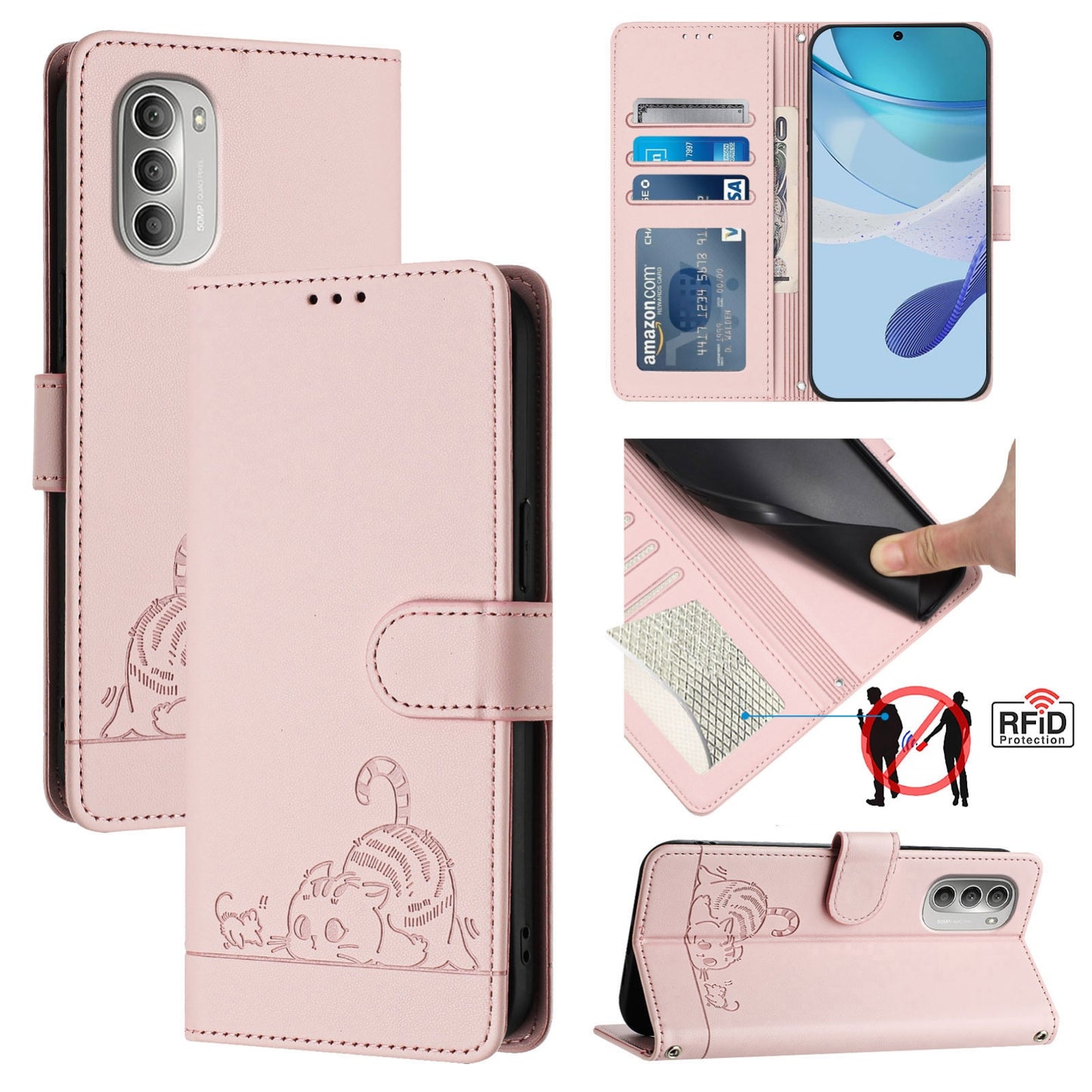 Motorola Moto G51 5G Leather Phone Case with Cat and Rat Embossed Pattern, RFID Protection, Card Holder Slots, Anti-fall Feature & Lanyard