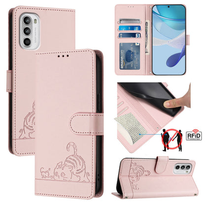 Motorola Moto G71s 5G Leather Phone Case with Cat and Rat Embossed Pattern, RFID Protection, Card Holder Slots, Anti-fall Feature & Lanyard