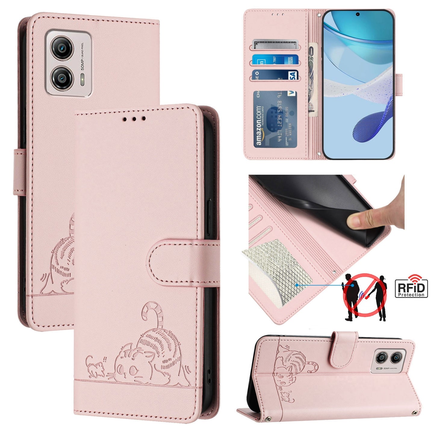 Motorola Moto G13 4G Leather Phone Case with Cat and Rat Embossed Pattern, RFID Protection, Card Holder Slots, Anti-fall Feature & Lanyard
