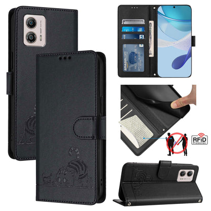 Motorola Moto G13 4G Leather Phone Case with Cat and Rat Embossed Pattern, RFID Protection, Card Holder Slots, Anti-fall Feature & Lanyard