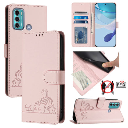 Motorola Moto G60 Leather Phone Case with Cat and Rat Embossed Pattern, RFID Protection, Card Holder Slots, Anti-fall Feature & Lanyard