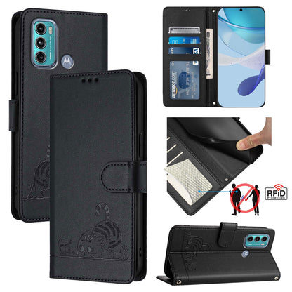 Motorola Moto G40 Fusion Leather Phone Case with Cat and Rat Embossed Pattern, RFID Protection, Card Holder Slots, Anti-fall Feature & Lanyard