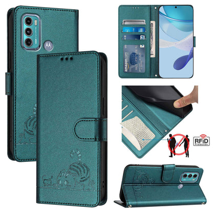 Motorola Moto G60 Leather Phone Case with Cat and Rat Embossed Pattern, RFID Protection, Card Holder Slots, Anti-fall Feature & Lanyard
