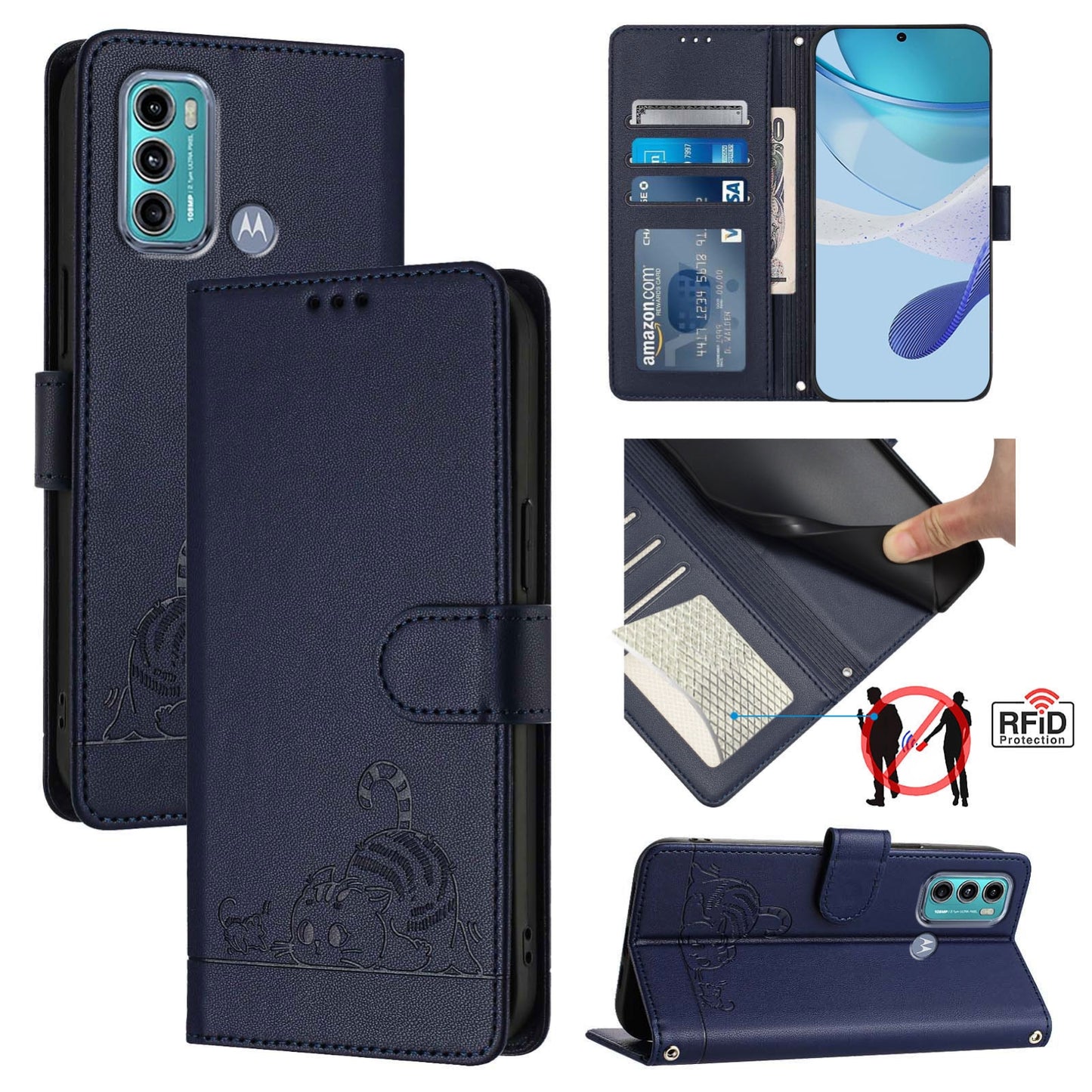 Motorola Moto G40 Fusion Leather Phone Case with Cat and Rat Embossed Pattern, RFID Protection, Card Holder Slots, Anti-fall Feature & Lanyard