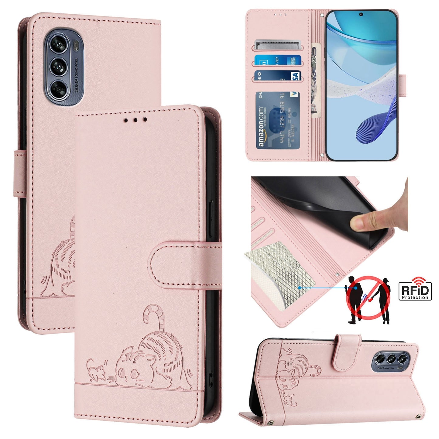 Motorola Moto G62 5G Global Leather Phone Case with Cat and Rat Embossed Pattern, RFID Protection, Card Holder Slots, Anti-fall Feature & Lanyard