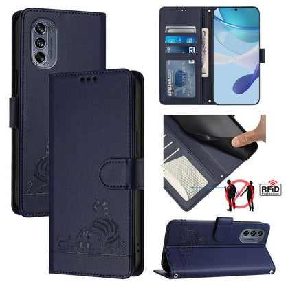 Motorola Moto G62 5G Global Leather Phone Case with Cat and Rat Embossed Pattern, RFID Protection, Card Holder Slots, Anti-fall Feature & Lanyard