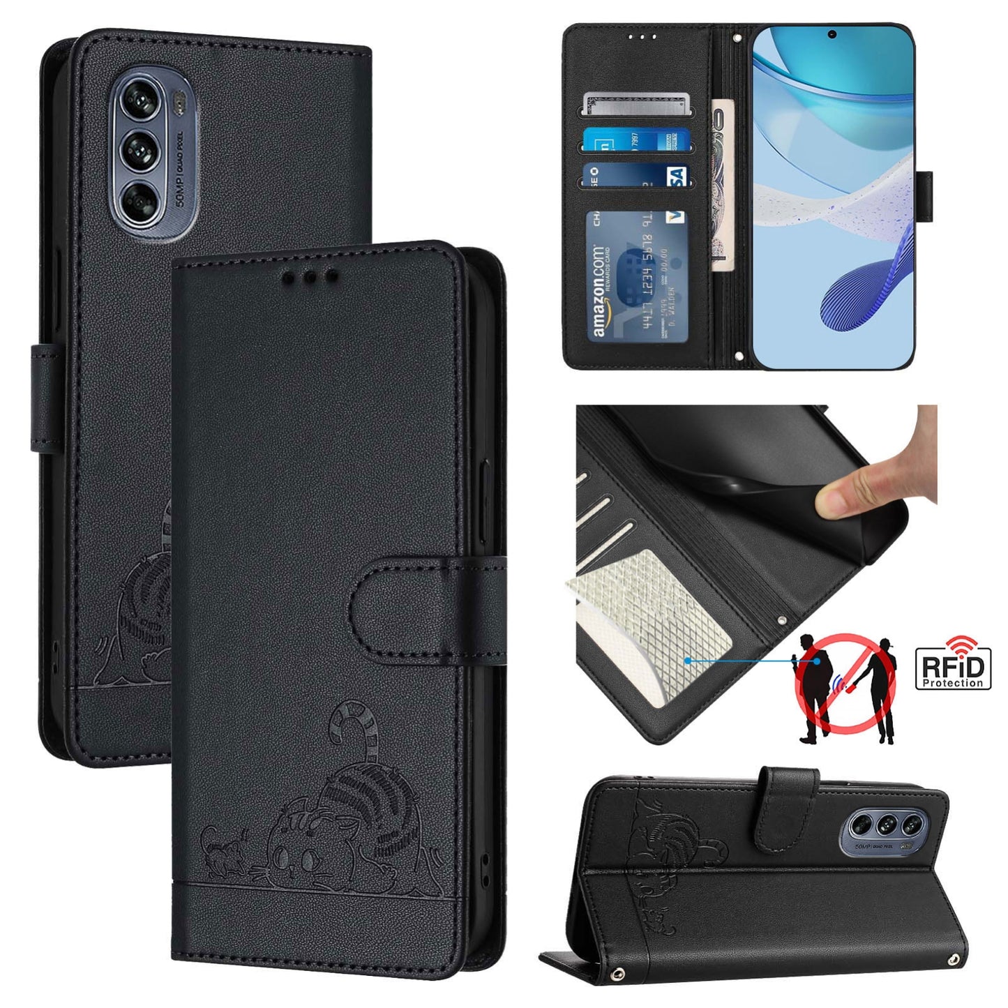 Motorola Moto G62 5G India Leather Phone Case with Cat and Rat Embossed Pattern, RFID Protection, Card Holder Slots, Anti-fall Feature & Lanyard