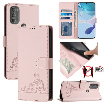 Motorola Moto G71 5G Leather Phone Case with Cat and Rat Embossed Pattern, RFID Protection, Card Holder Slots, Anti-fall Feature & Lanyard