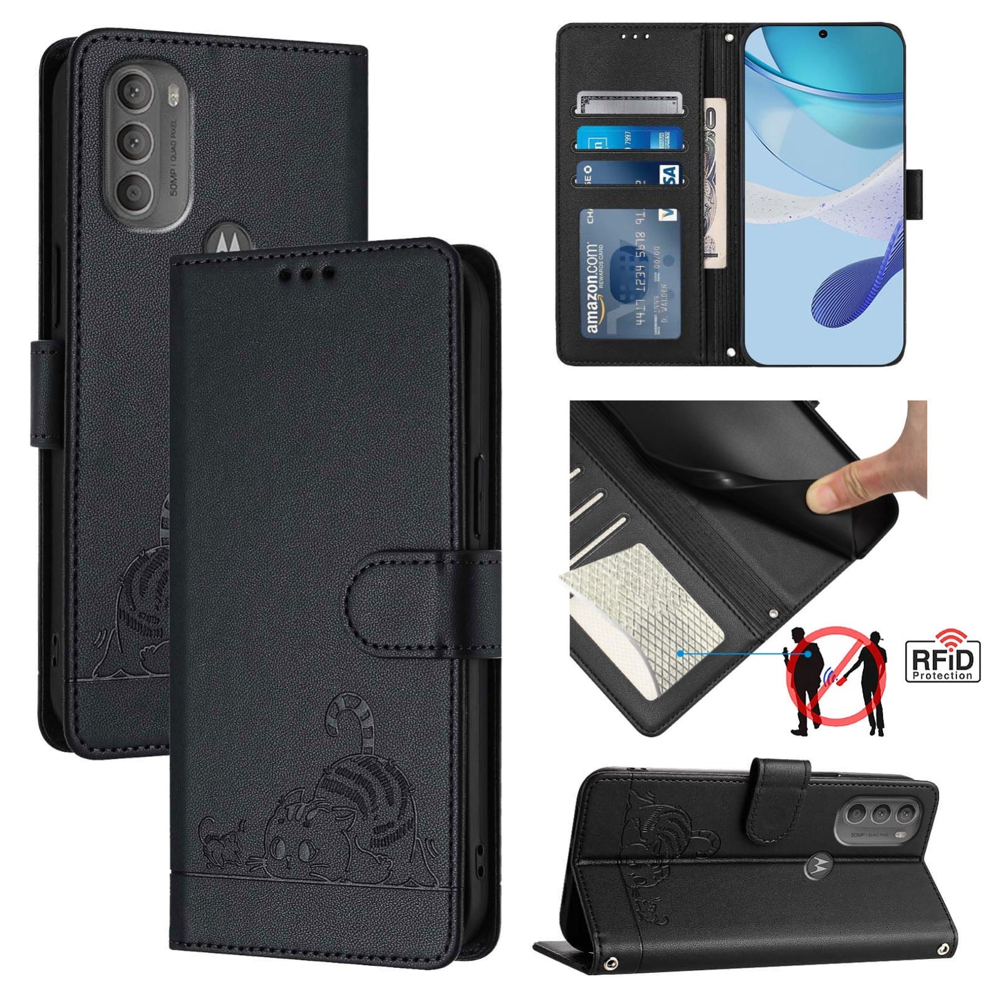Motorola Moto G71 5G Leather Phone Case with Cat and Rat Embossed Pattern, RFID Protection, Card Holder Slots, Anti-fall Feature & Lanyard