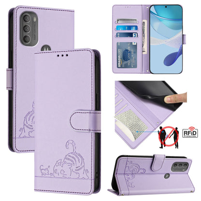 Motorola Moto G71 5G Leather Phone Case with Cat and Rat Embossed Pattern, RFID Protection, Card Holder Slots, Anti-fall Feature & Lanyard