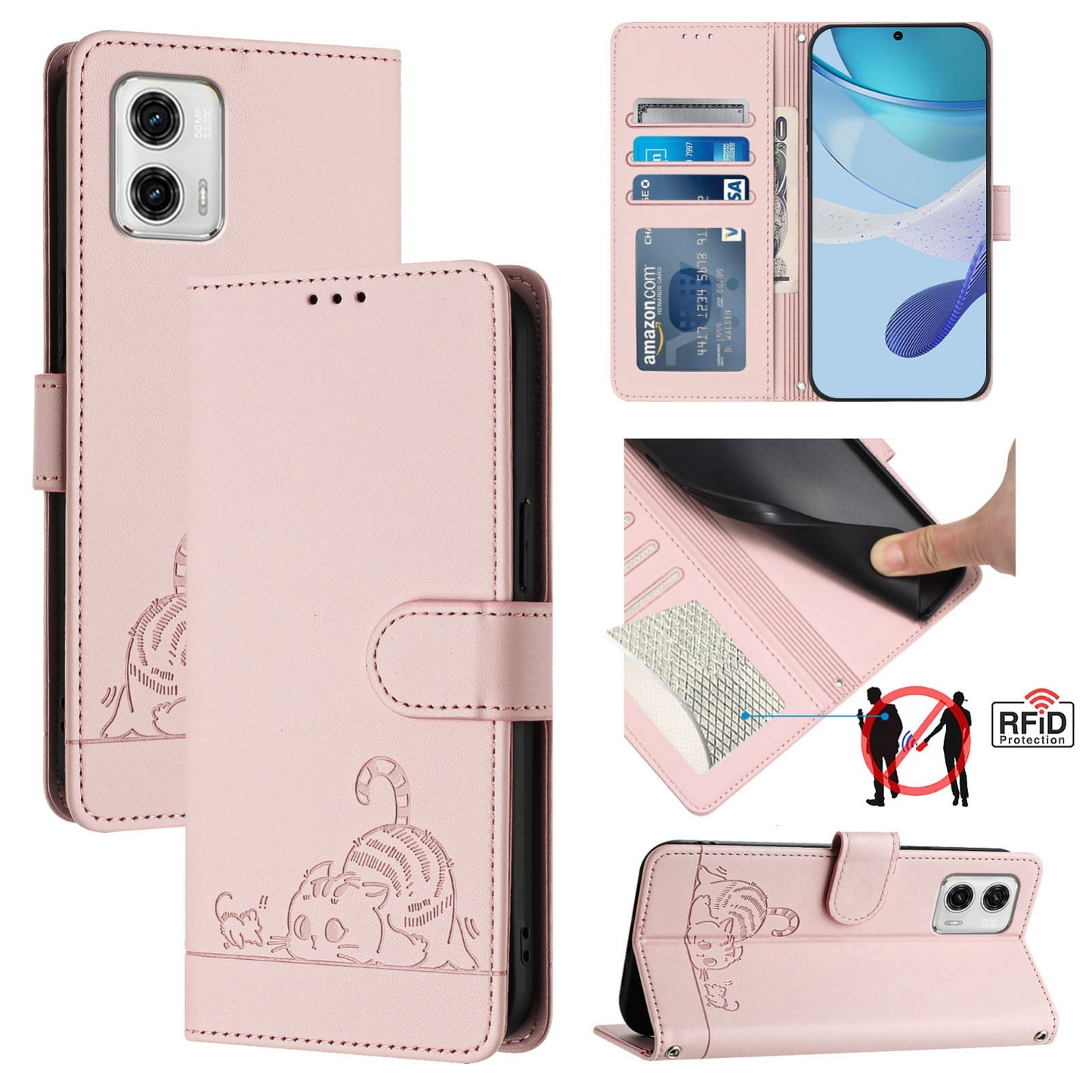 Motorola Moto G73 5G Leather Phone Case with Cat and Rat Embossed Pattern, RFID Protection, Card Holder Slots, Anti-fall Feature & Lanyard