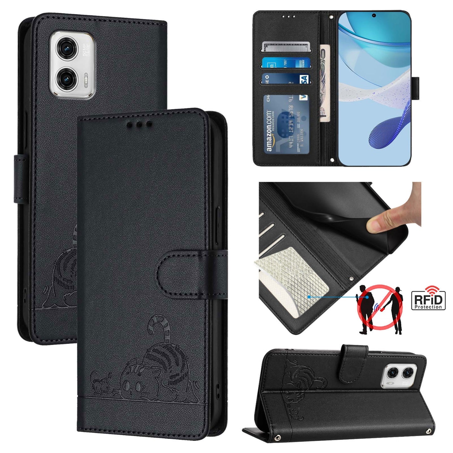 Motorola Moto G73 5G Leather Phone Case with Cat and Rat Embossed Pattern, RFID Protection, Card Holder Slots, Anti-fall Feature & Lanyard