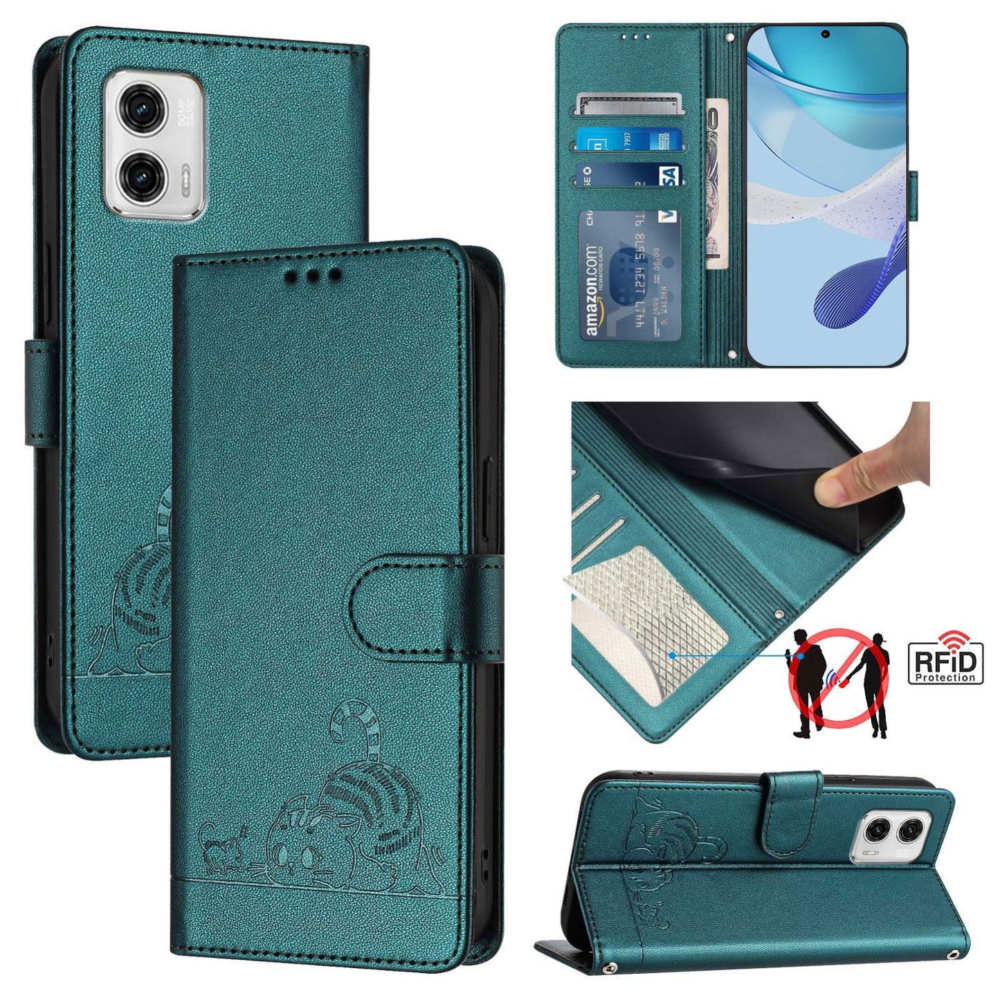 Motorola Moto G73 5G Leather Phone Case with Cat and Rat Embossed Pattern, RFID Protection, Card Holder Slots, Anti-fall Feature & Lanyard
