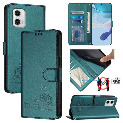 Motorola Moto G73 5G Leather Phone Case with Cat and Rat Embossed Pattern, RFID Protection, Card Holder Slots, Anti-fall Feature & Lanyard