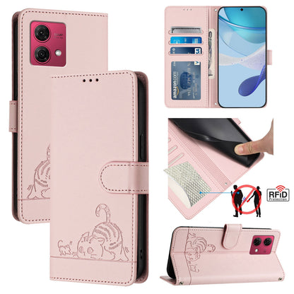 Motorola Moto G84 5G Leather Phone Case with Cat and Rat Embossed Pattern, RFID Protection, Card Holder Slots, Anti-fall Feature & Lanyard