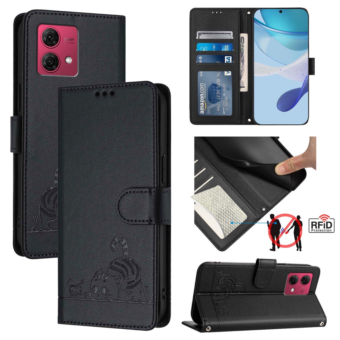 Motorola Moto G84 5G Leather Phone Case with Cat and Rat Embossed Pattern, RFID Protection, Card Holder Slots, Anti-fall Feature & Lanyard
