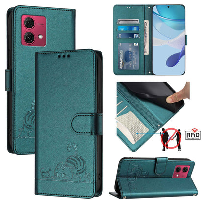 Motorola Moto G84 5G Leather Phone Case with Cat and Rat Embossed Pattern, RFID Protection, Card Holder Slots, Anti-fall Feature & Lanyard