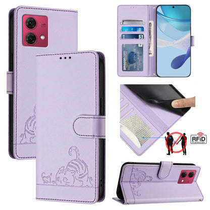 Motorola Moto G84 5G Leather Phone Case with Cat and Rat Embossed Pattern, RFID Protection, Card Holder Slots, Anti-fall Feature & Lanyard