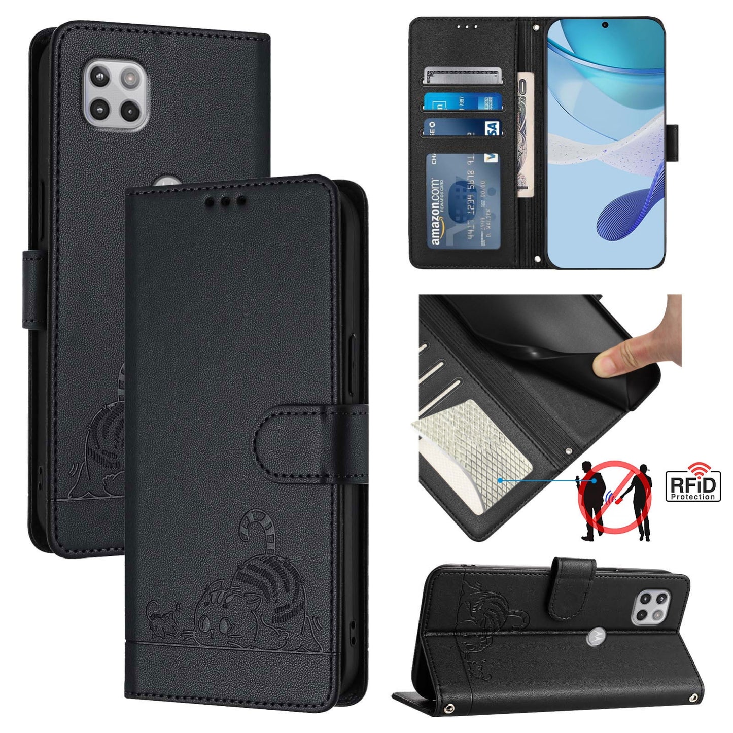 Motorola One 5G Ace Leather Phone Case with Cat and Rat Embossed Pattern, RFID Protection, Card Holder Slots, Anti-fall Feature & Lanyard