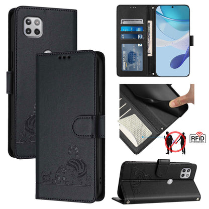 Motorola One 5G Ace Leather Phone Case with Cat and Rat Embossed Pattern, RFID Protection, Card Holder Slots, Anti-fall Feature & Lanyard